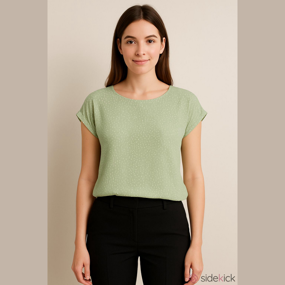 Linen Short Sleeve Blouse Light Green and White